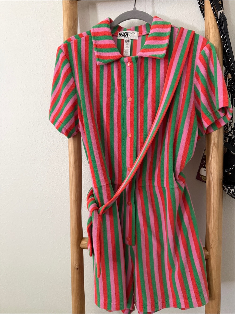 Beach Riot Pink Green Red Striped Short Sleeve Romper
